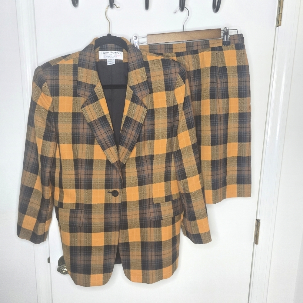 Rena Rowan Orange and Black Plaid Blazer and Skirt Set Vintage Size 14P